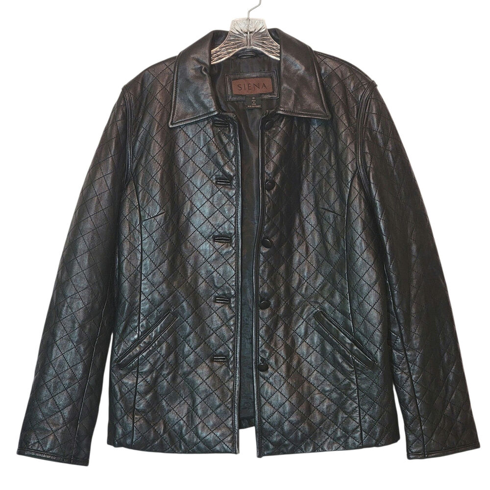 SIENA Genuine Leather Quilted Collared Jacket Black Button Front Classic 10